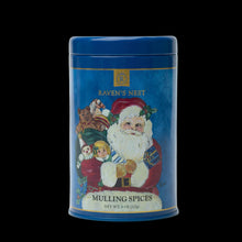 Load image into Gallery viewer, Blue tin canister of 'Raven's Nest' Mulling Spices with Santa Claus illustration on a white background