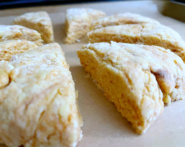 Spicy Pumpkin Butter Scones with White Chocolate Glaze