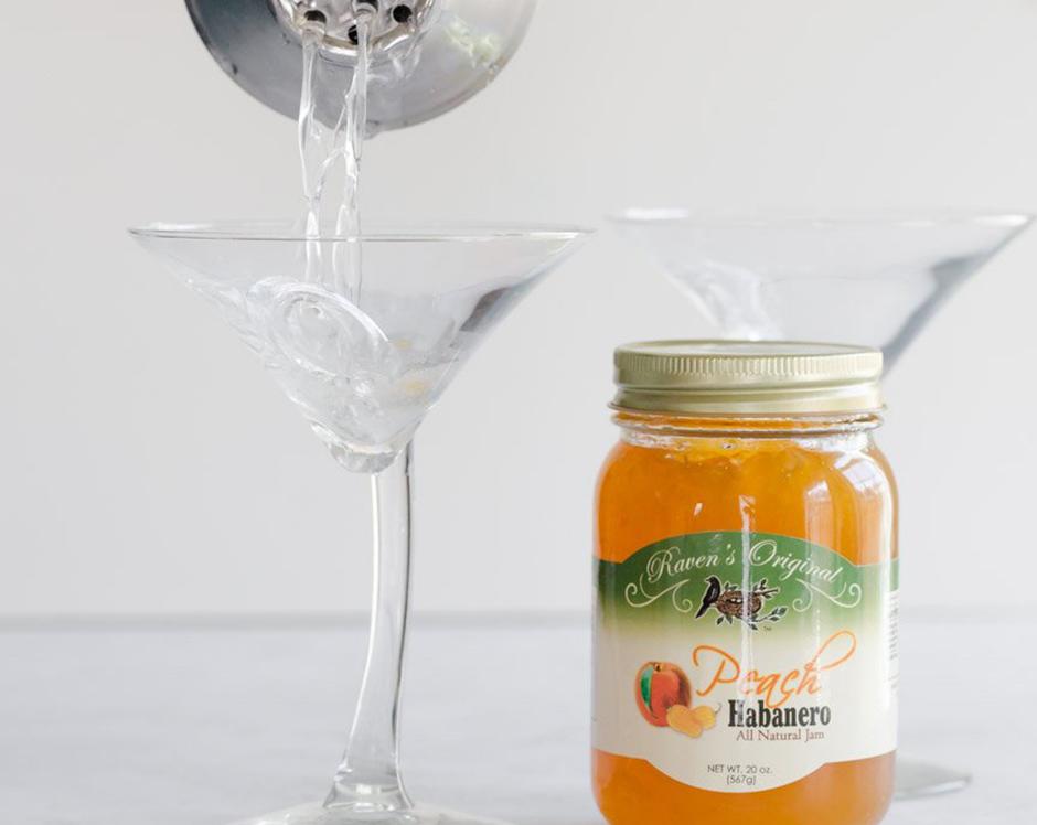 Peach habanero martini made with Raven's Nest peach habanero jam